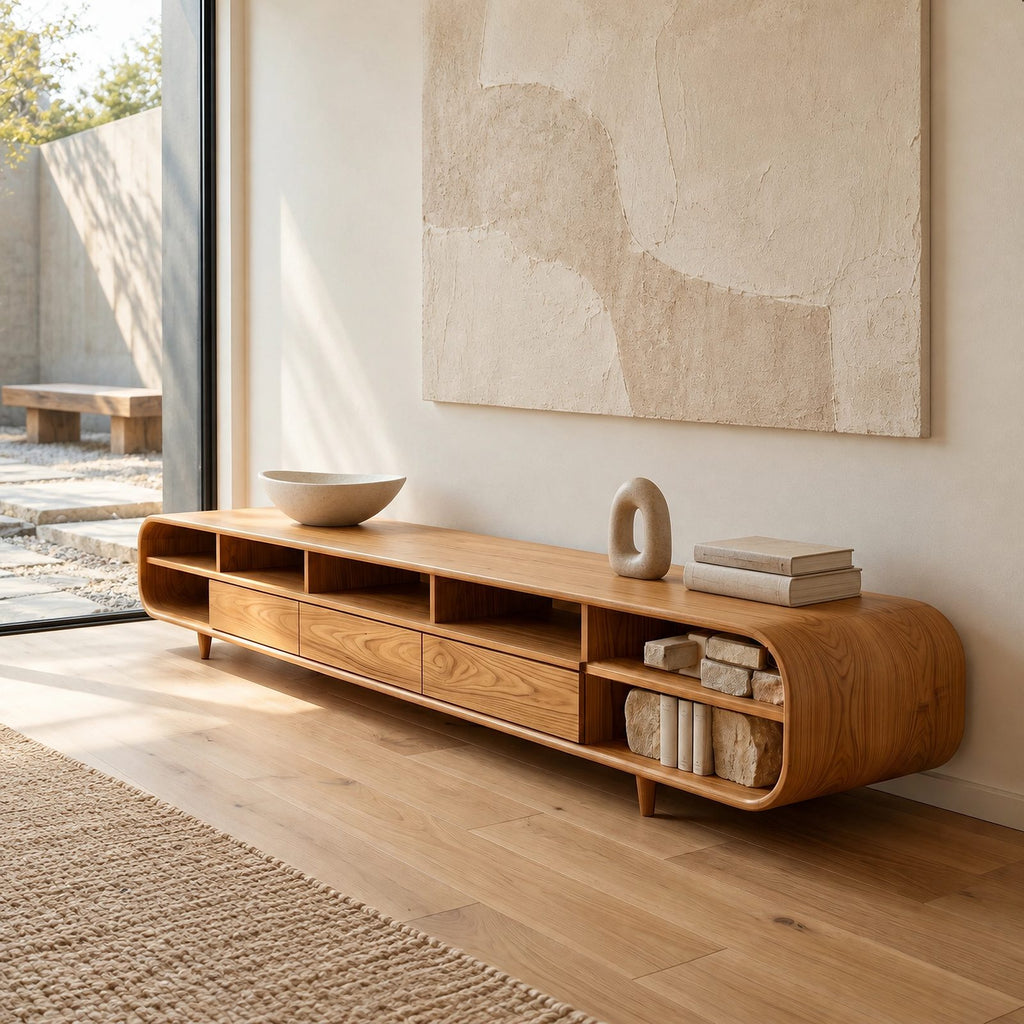 Mid Century Wood Media Console With Open Compartments For Living Room
