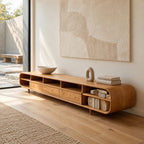 Mid Century Wood Media Console With Open Compartments For Living Room