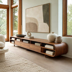Mid Century Wood Media Console With Open Compartments For Living Room
