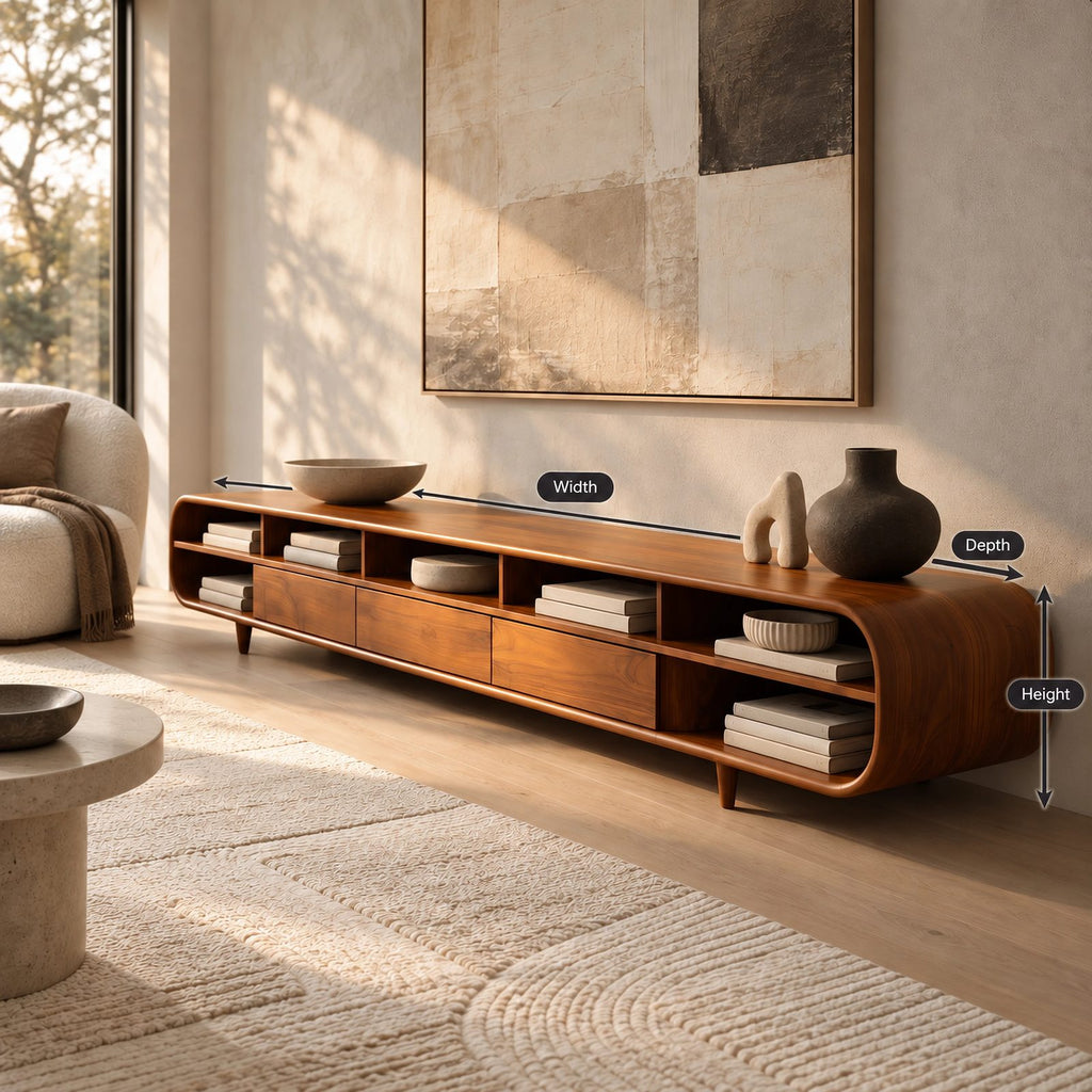 Mid Century Wood Media Console With Open Compartments For Living Room