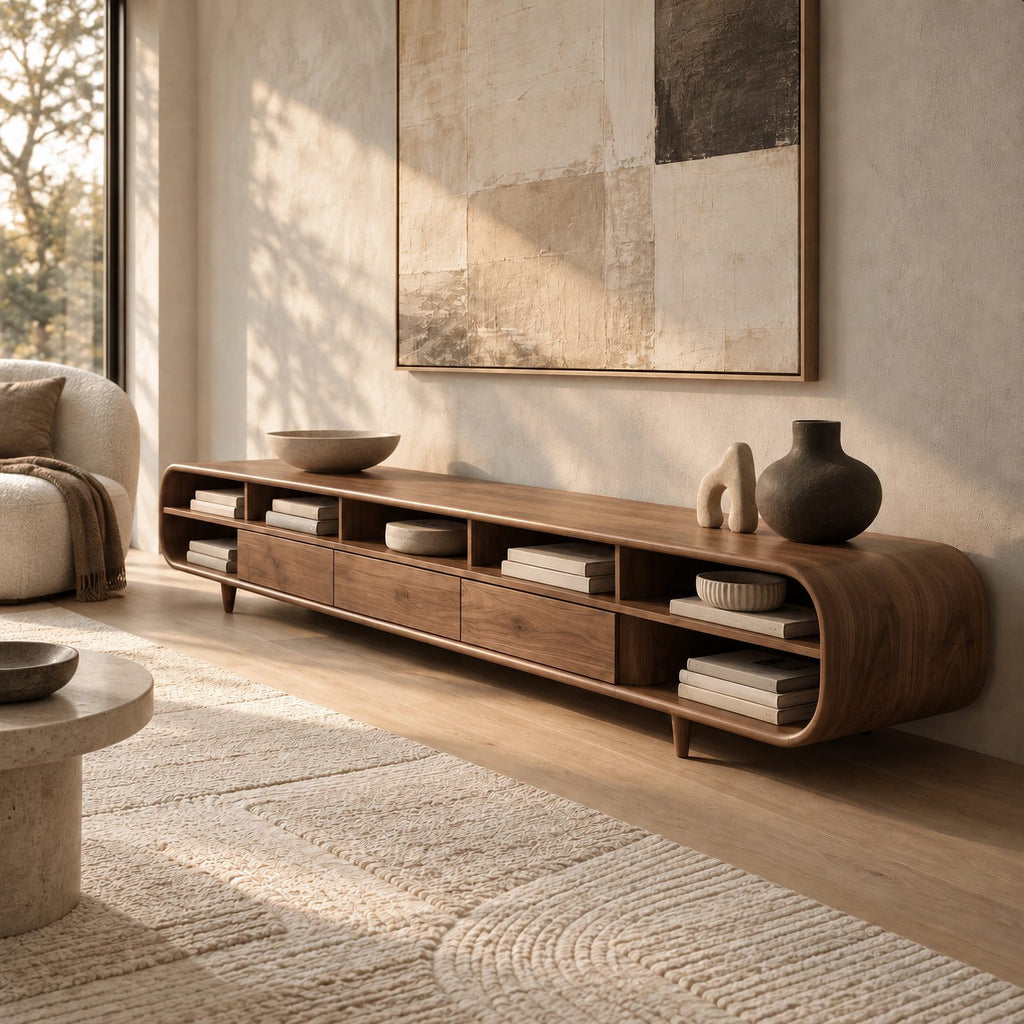 Mid Century Wood Media Console With Open Compartments For Living Room