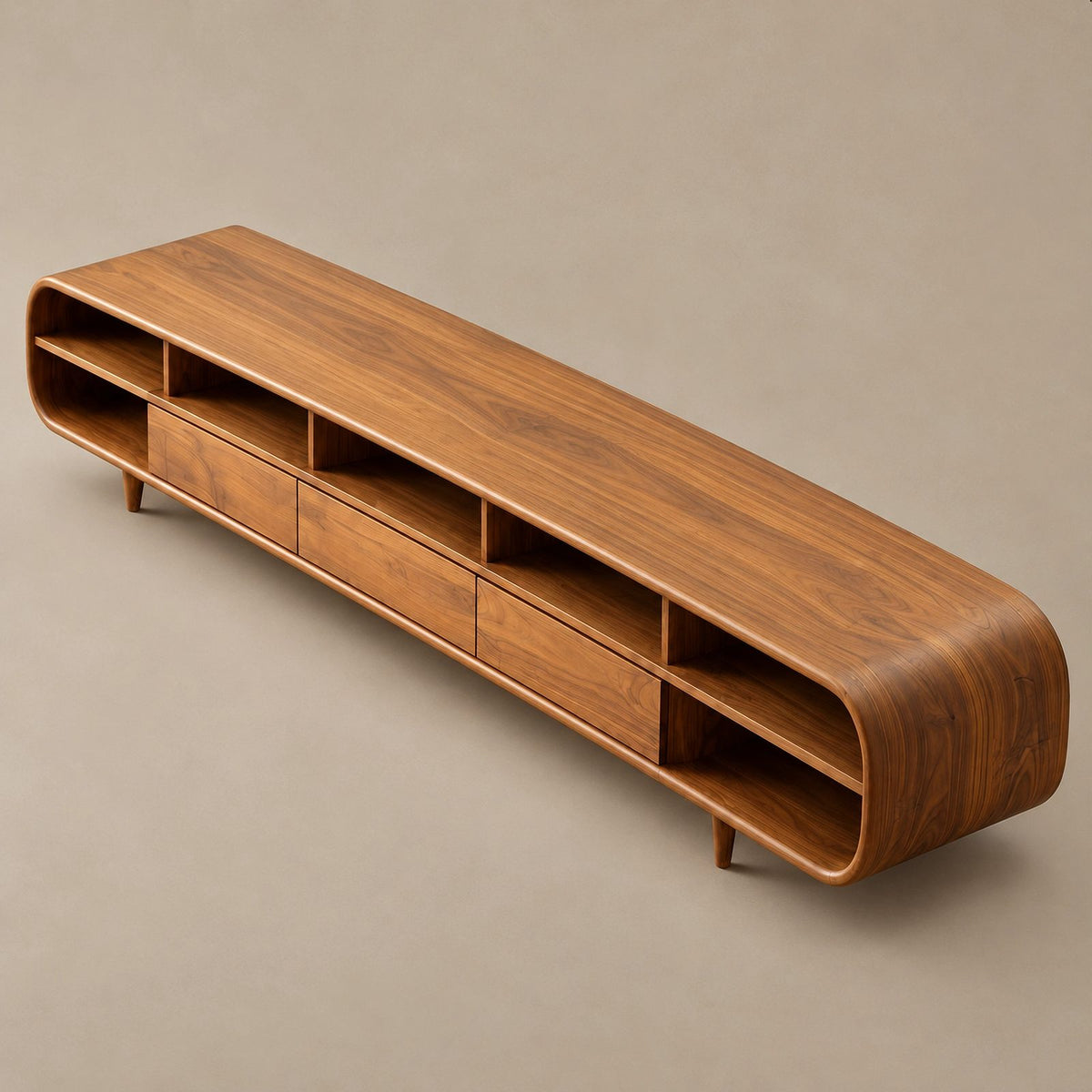 Mid Century Wood Media Console With Open Compartments For Living Room
