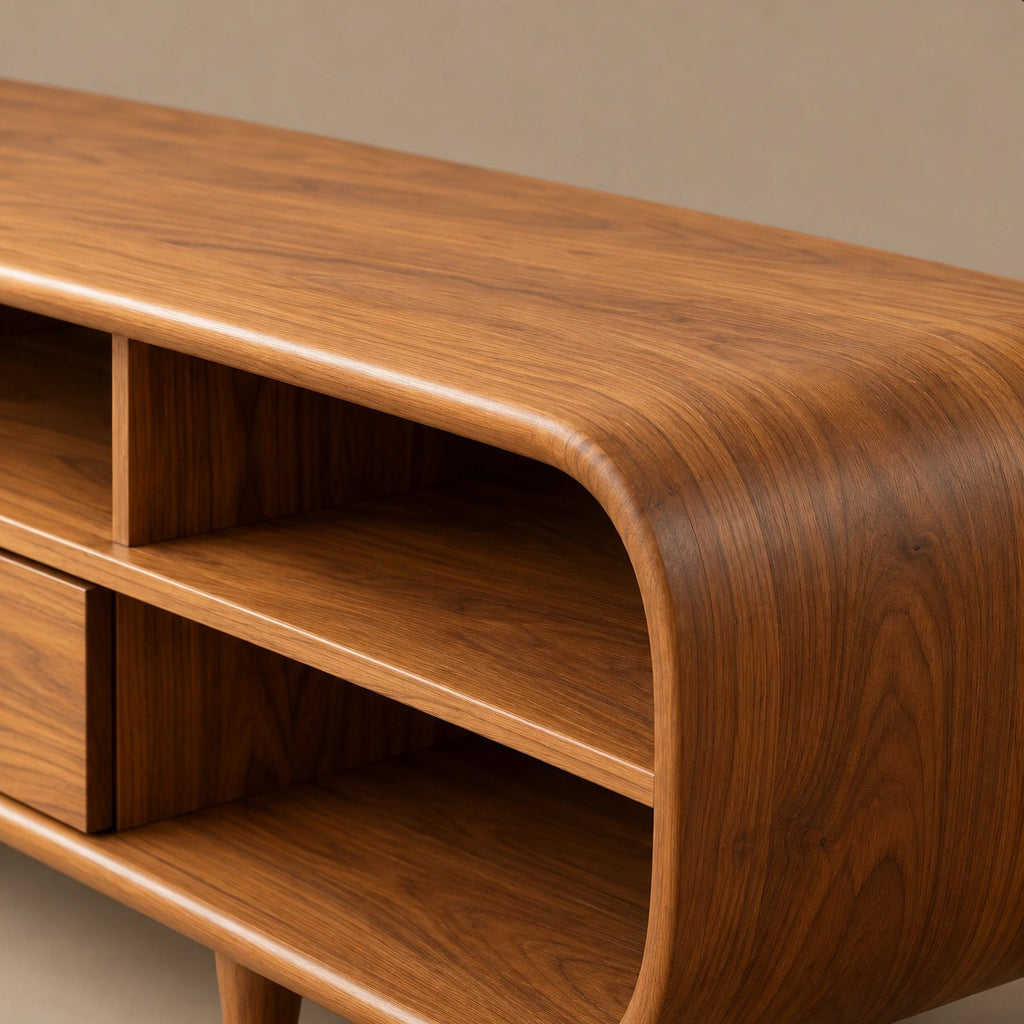 Mid Century Wood Media Console With Open Compartments For Living Room