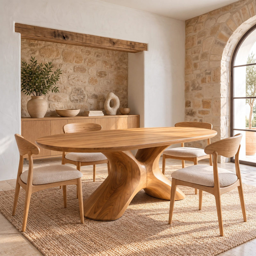 Farmhouse Solid Wood Oval Dining Table With Sculpted S Curve Base