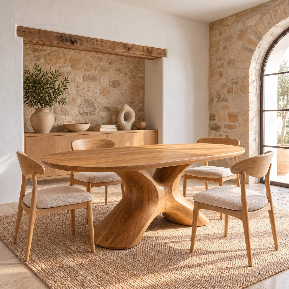 Farmhouse Solid Wood Oval Dining Table With Sculpted S Curve Base