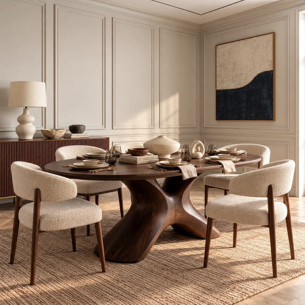 Farmhouse Solid Wood Oval Dining Table With Sculpted S Curve Base