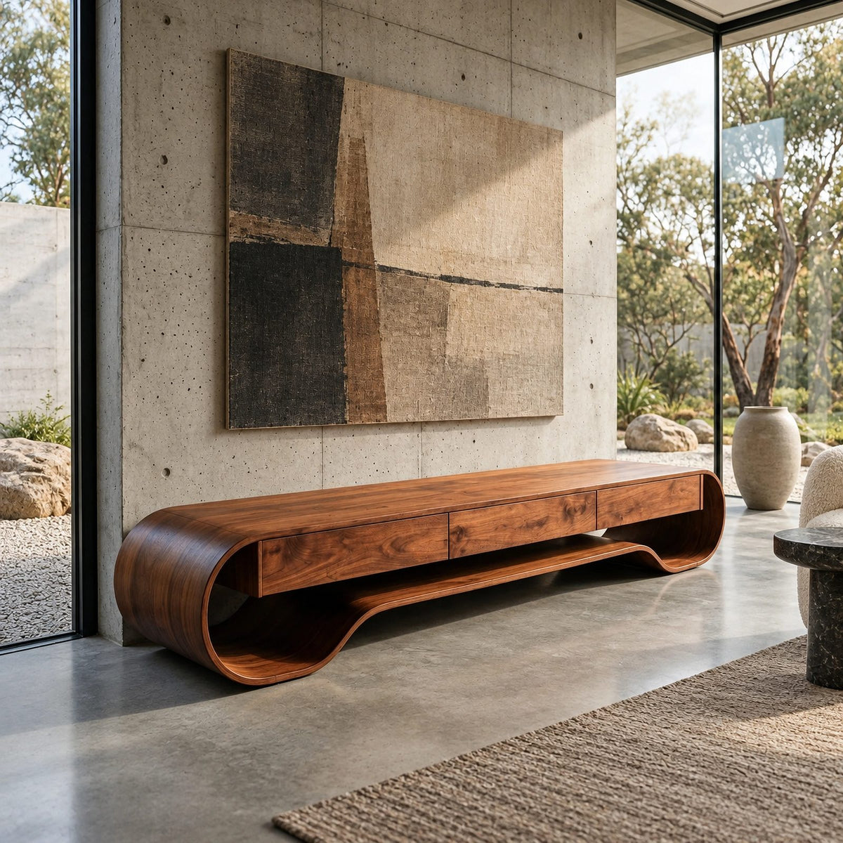 Sculptural Curved Wood Media Console With Storage For Living Room
