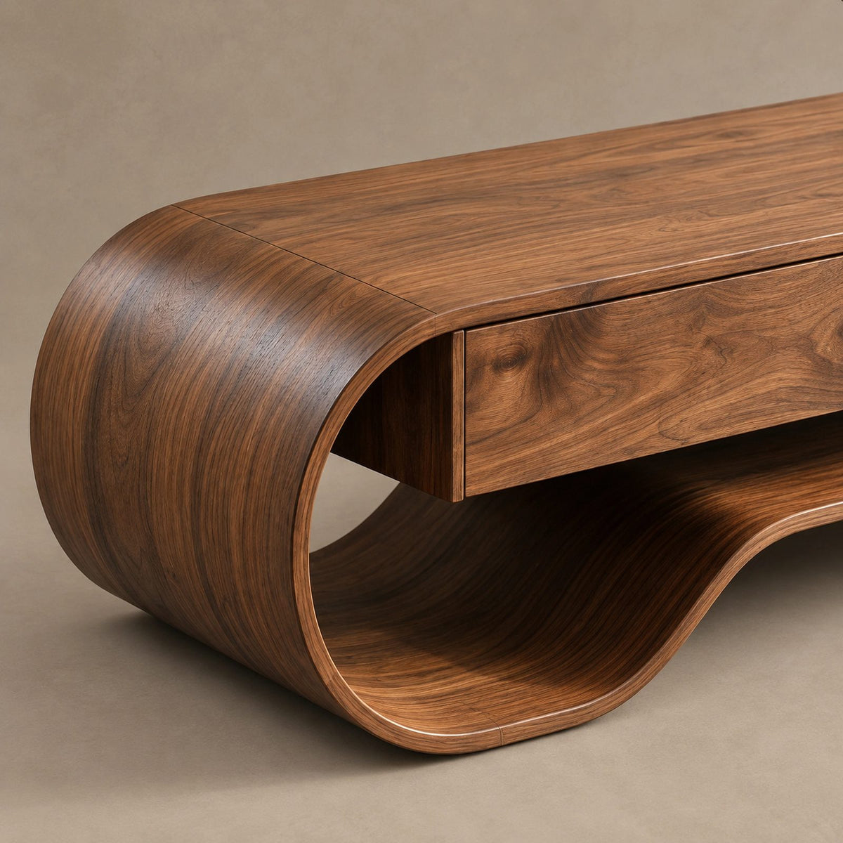 Sculptural Curved Wood Media Console With Storage For Living Room