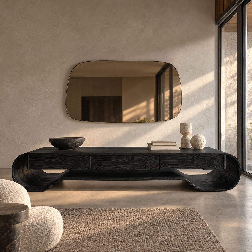 Sculptural Curved Wood Media Console With Storage For Living Room