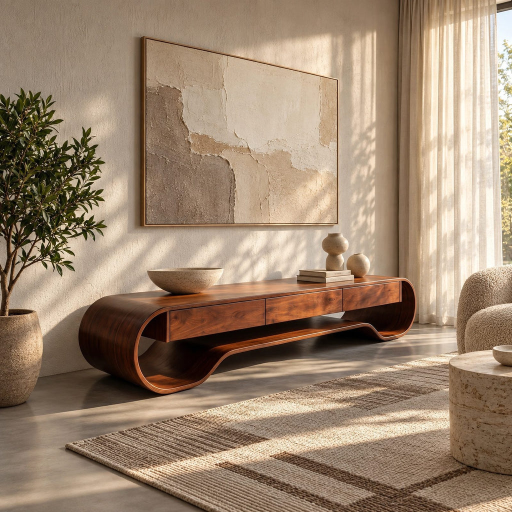 Sculptural Curved Wood Media Console With Storage For Living Room