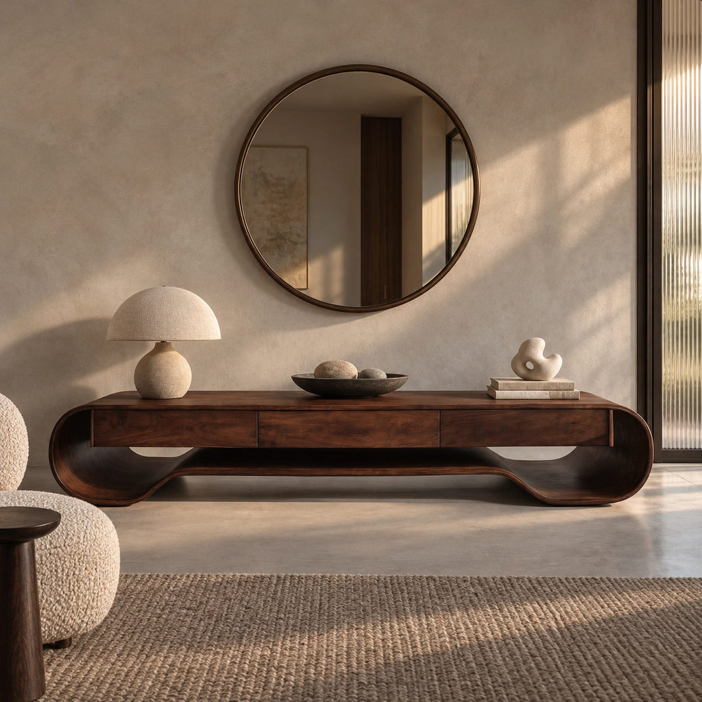 Sculptural Curved Wood Media Console With Storage For Living Room