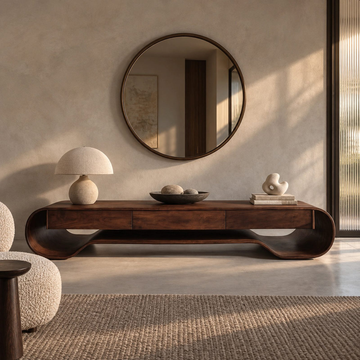 Sculptural Curved Wood Media Console With Storage For Living Room