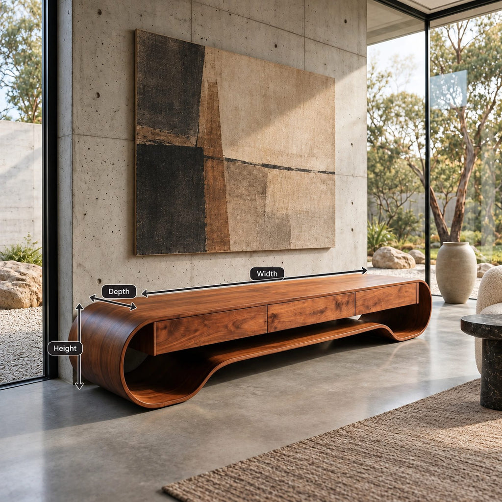 Sculptural Curved Wood Media Console With Storage For Living Room