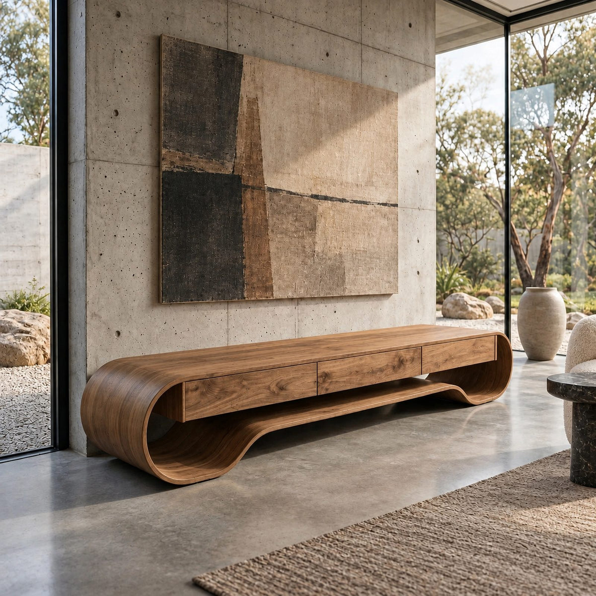Sculptural Curved Wood Media Console With Storage For Living Room