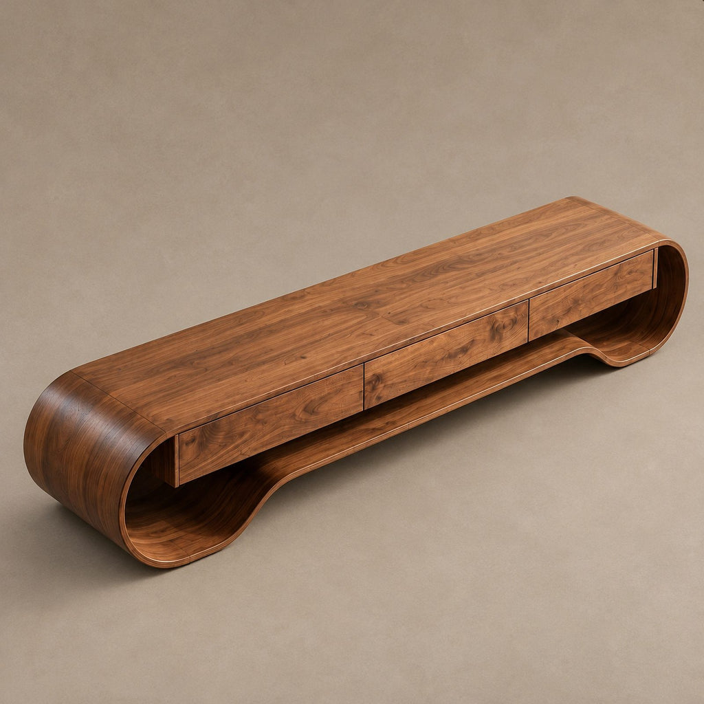 Sculptural Curved Wood Media Console With Storage For Living Room