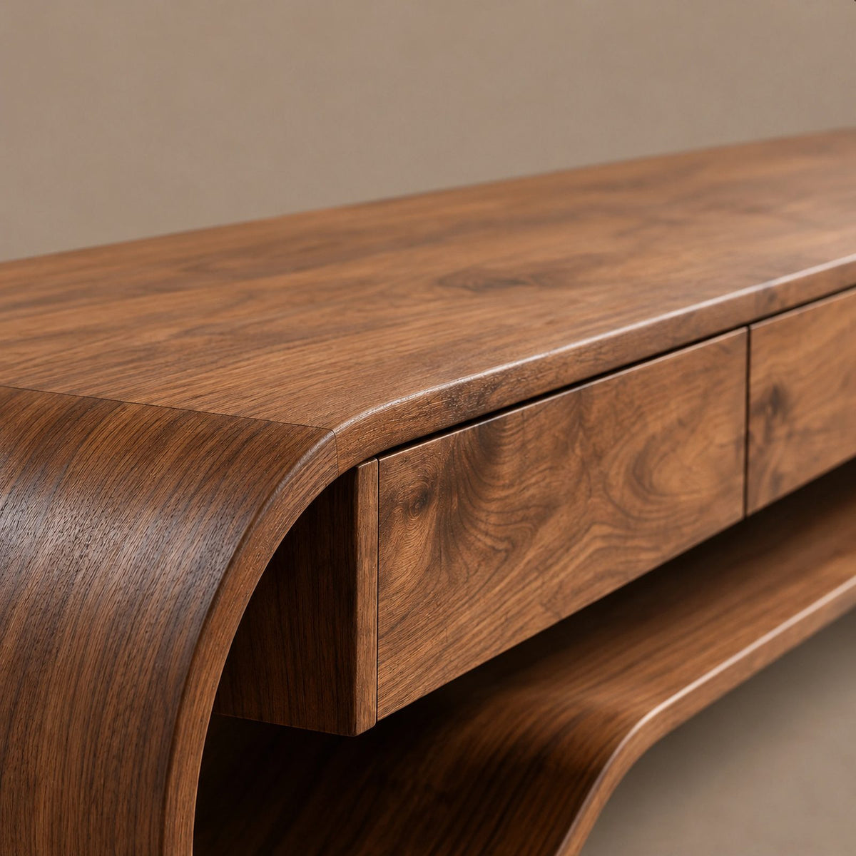 Sculptural Curved Wood Media Console With Storage For Living Room