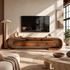 Modern Curved Wood TV Console With Open Base For Living Room