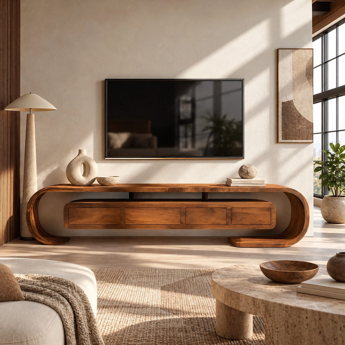 Modern Curved Wood TV Console With Open Base For Living Room