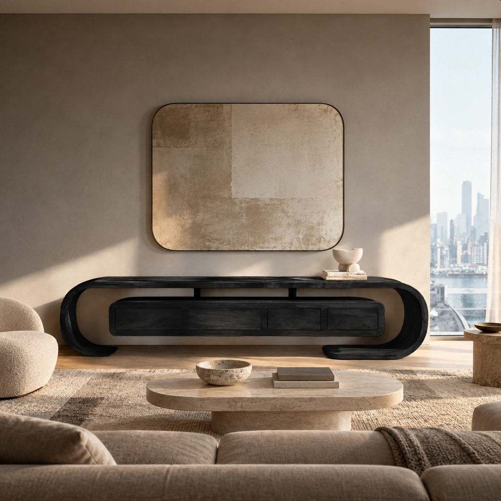 Modern Curved Wood TV Console With Open Base For Living Room