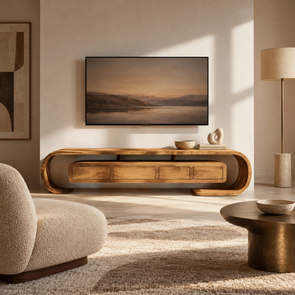 Modern Curved Wood TV Console With Open Base For Living Room