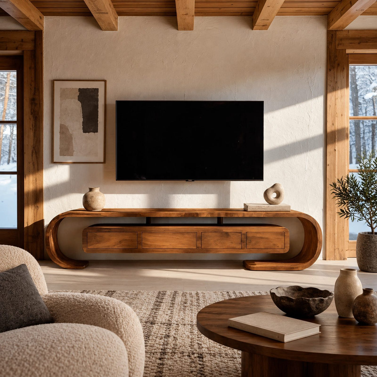 Modern Curved Wood TV Console With Open Base For Living Room