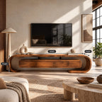 Modern Curved Wood TV Console With Open Base For Living Room