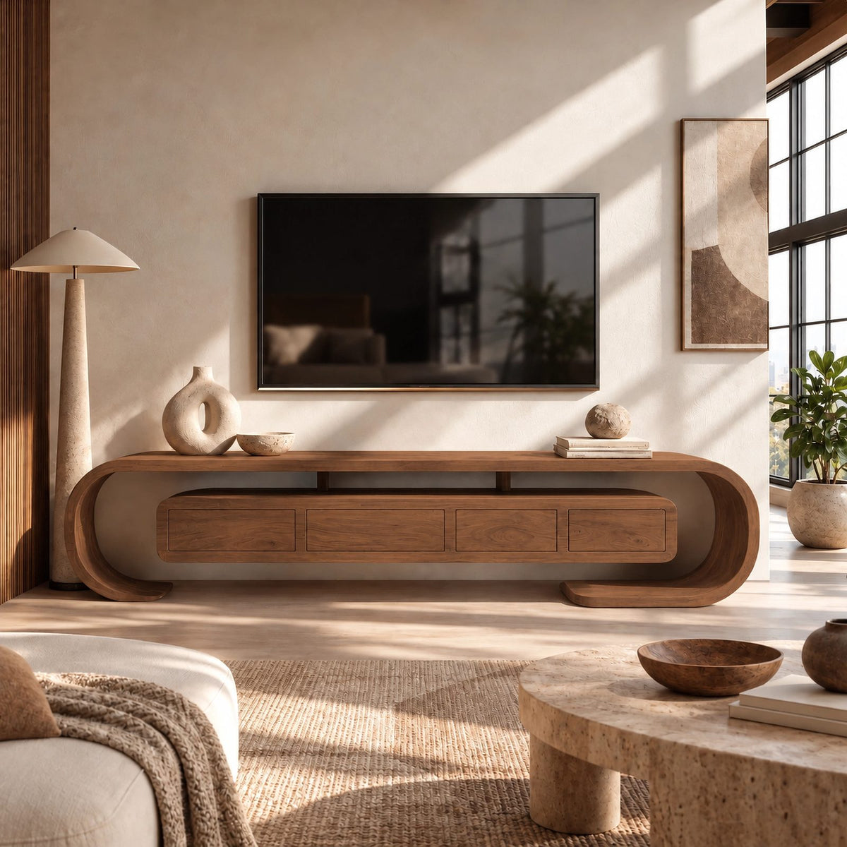 Modern Curved Wood TV Console With Open Base For Living Room