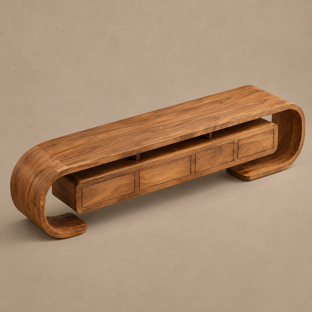Modern Curved Wood TV Console With Open Base For Living Room
