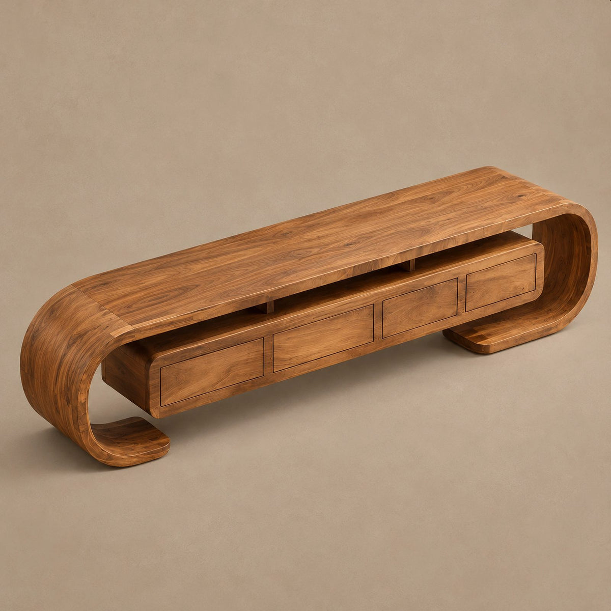 Modern Curved Wood TV Console With Open Base For Living Room