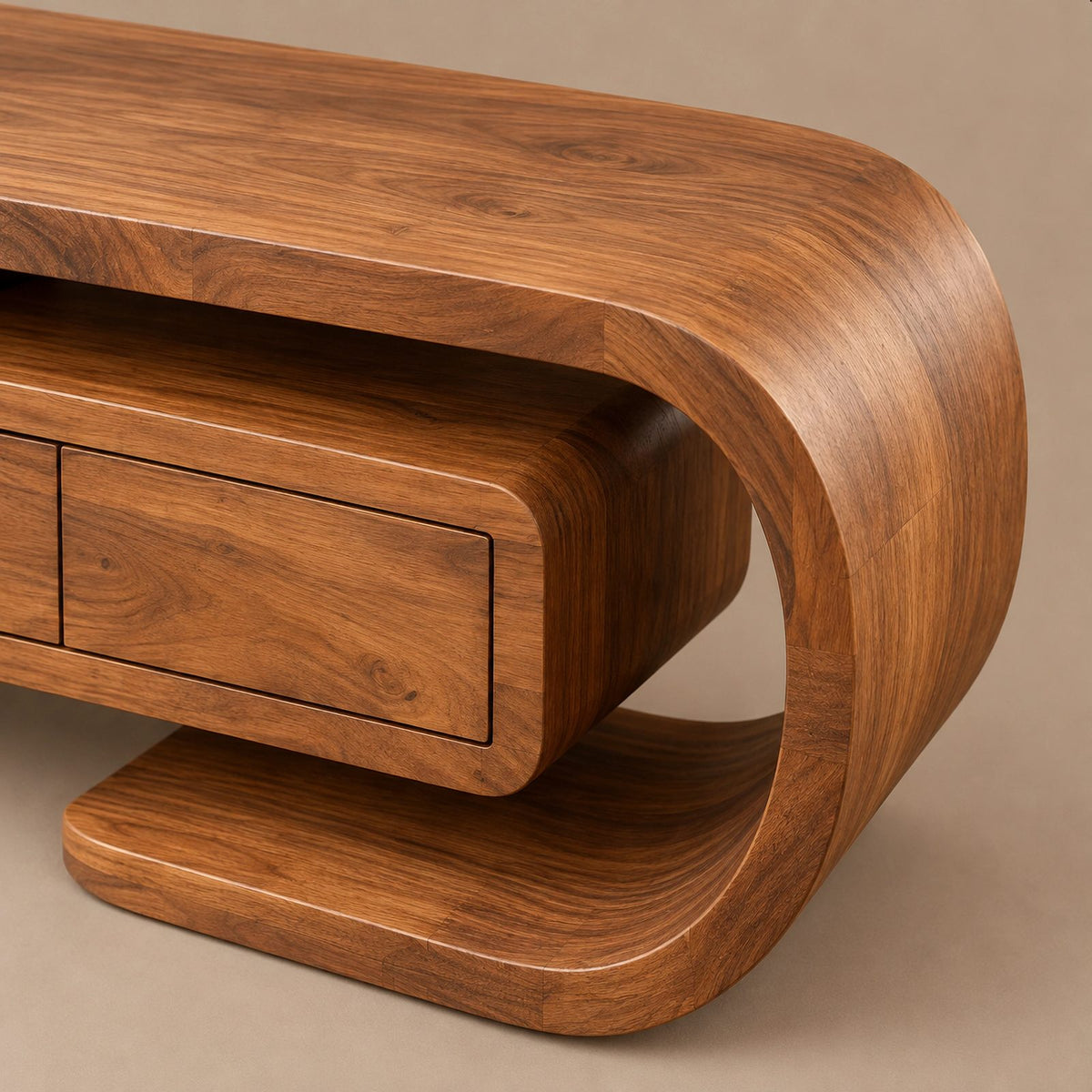 Modern Curved Wood TV Console With Open Base For Living Room