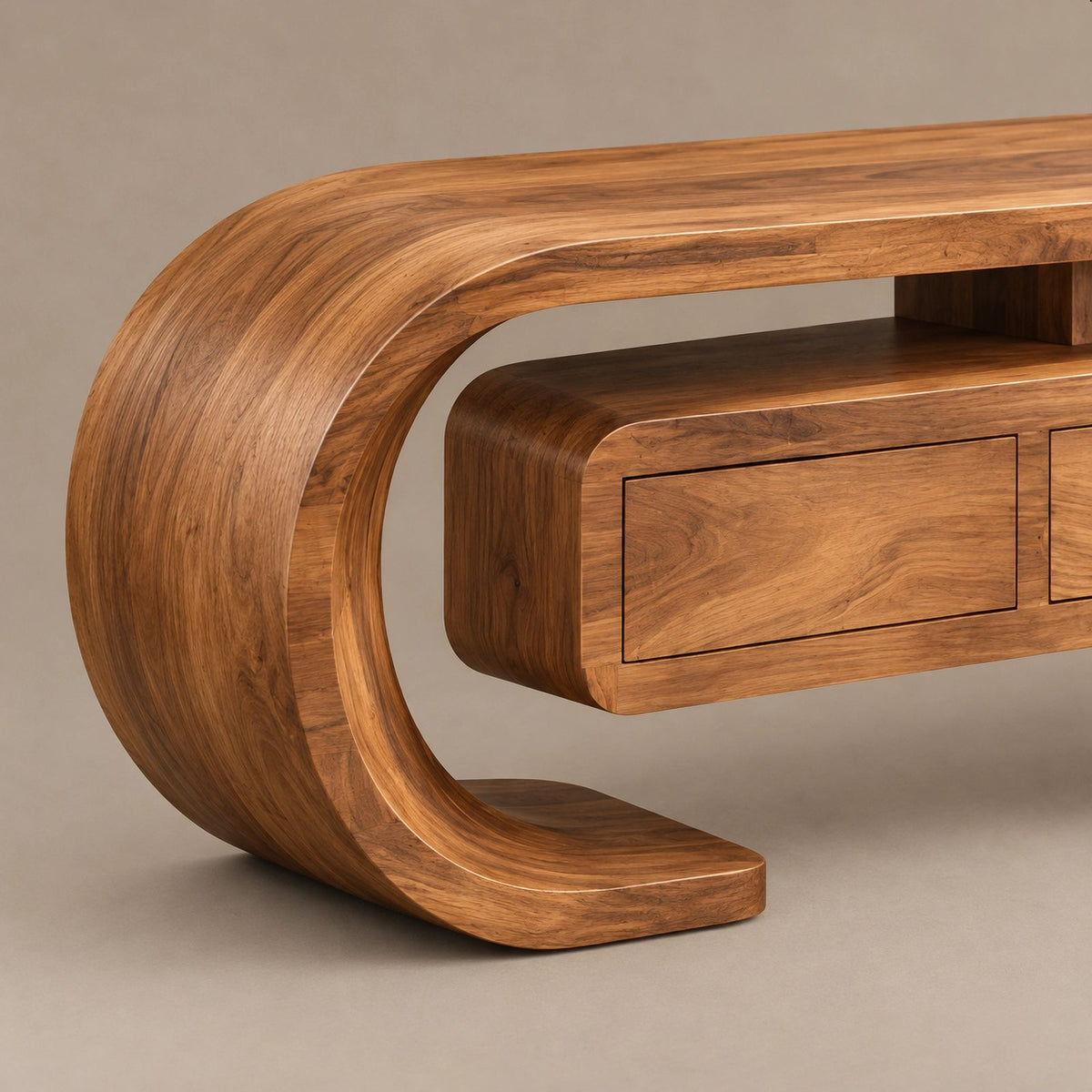 Modern Curved Wood TV Console With Open Base For Living Room