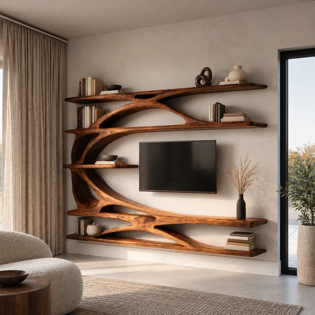 Sculptural Tree Branch Wood TV Stand With Shelving For Living Room