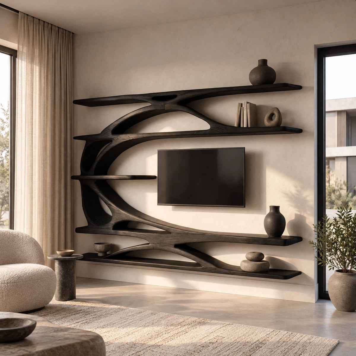 Sculptural Tree Branch Wood TV Stand With Shelving For Living Room