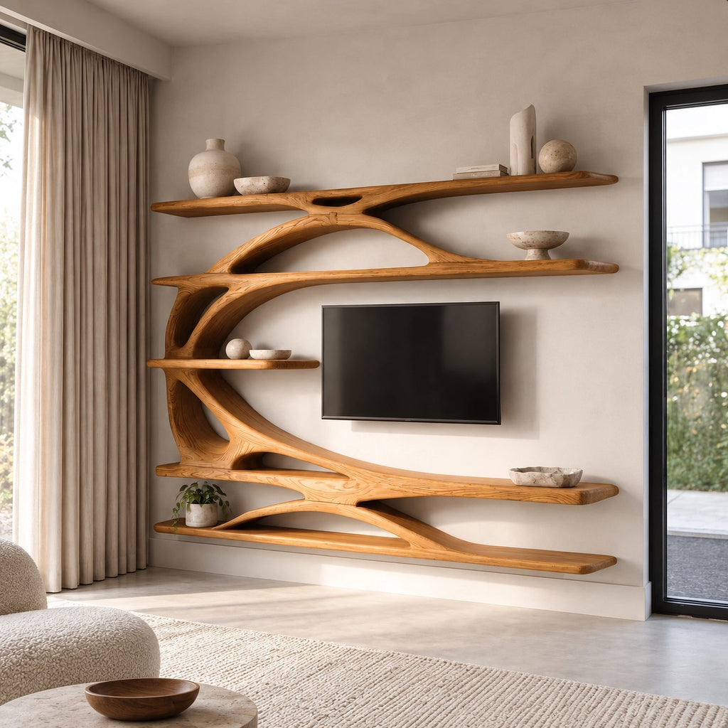 Sculptural Tree Branch Wood TV Stand With Shelving For Living Room