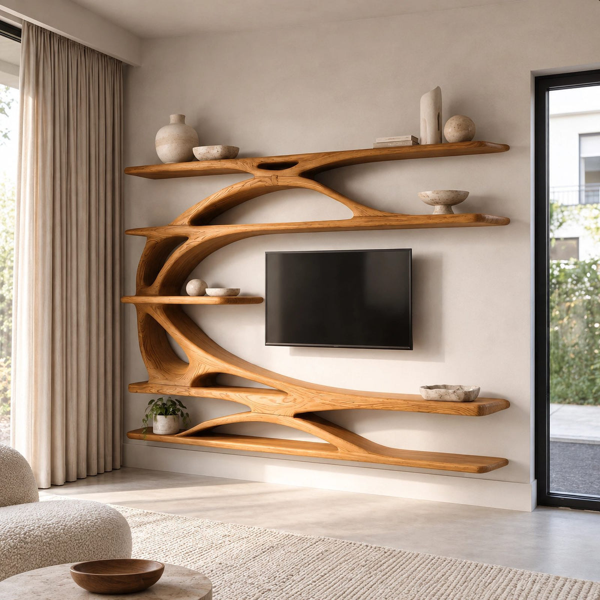 Sculptural Tree Branch Wood TV Stand With Shelving For Living Room