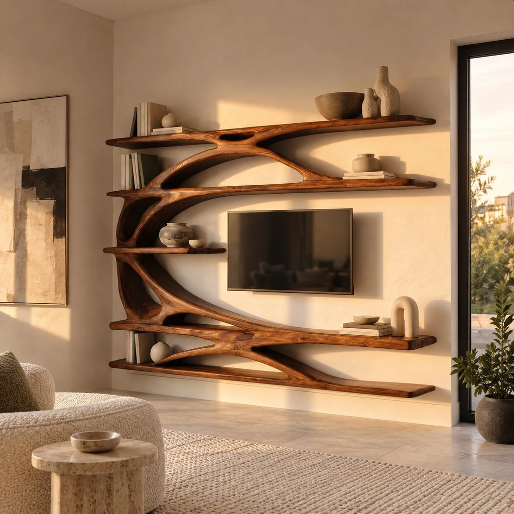 Sculptural Tree Branch Wood TV Stand With Shelving For Living Room