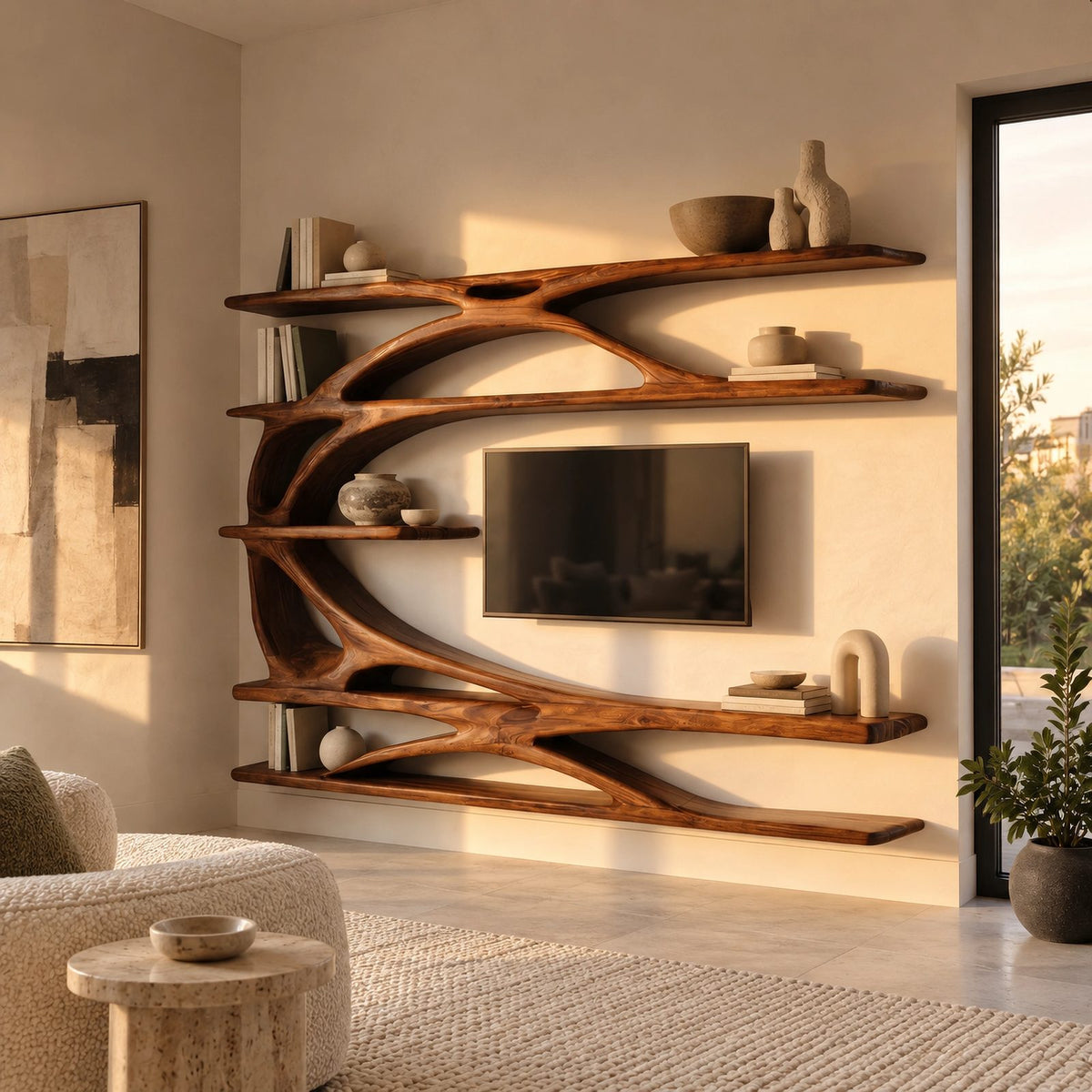Sculptural Tree Branch Wood TV Stand With Shelving For Living Room