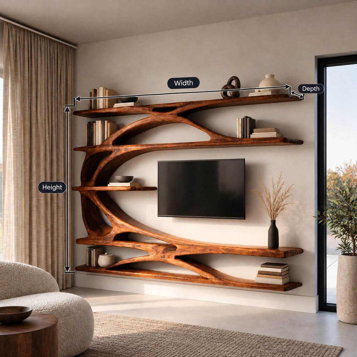 Sculptural Tree Branch Wood TV Stand With Shelving For Living Room