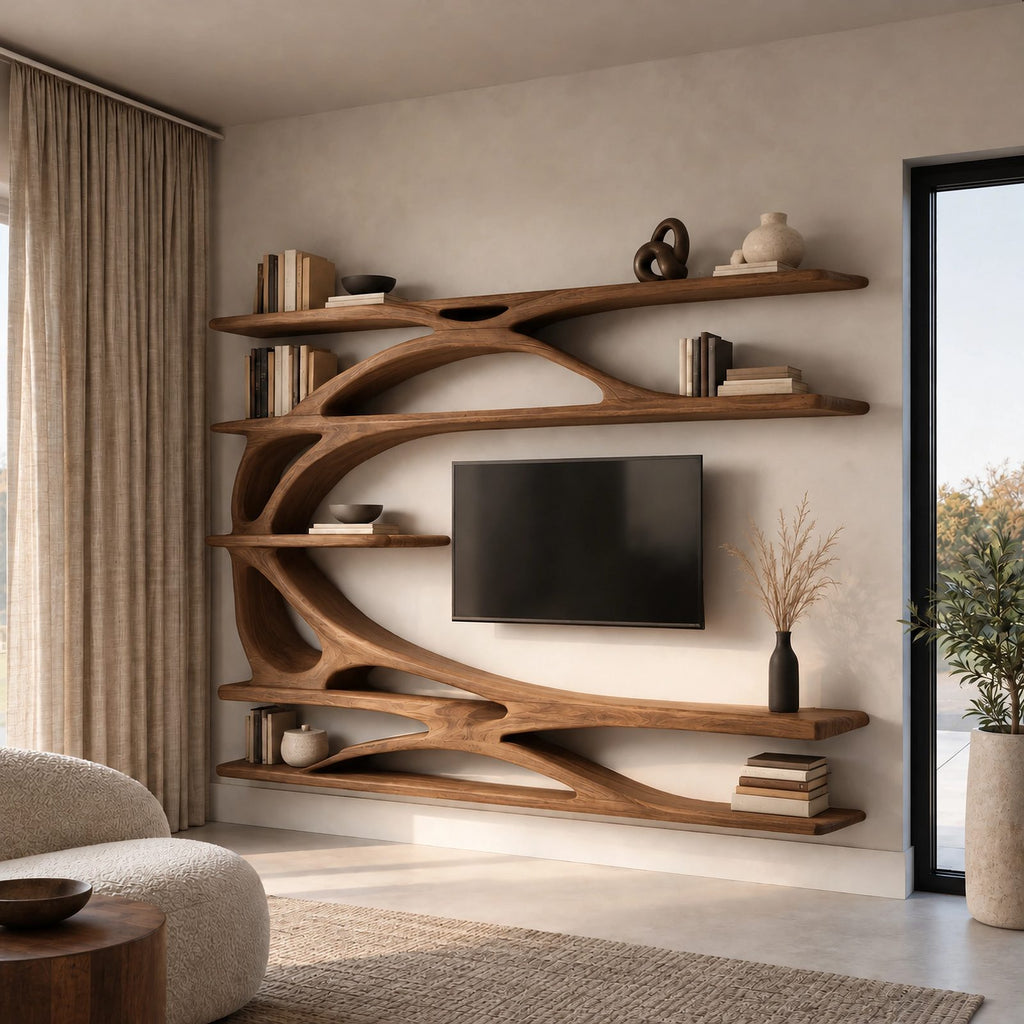 Sculptural Tree Branch Wood TV Stand With Shelving For Living Room