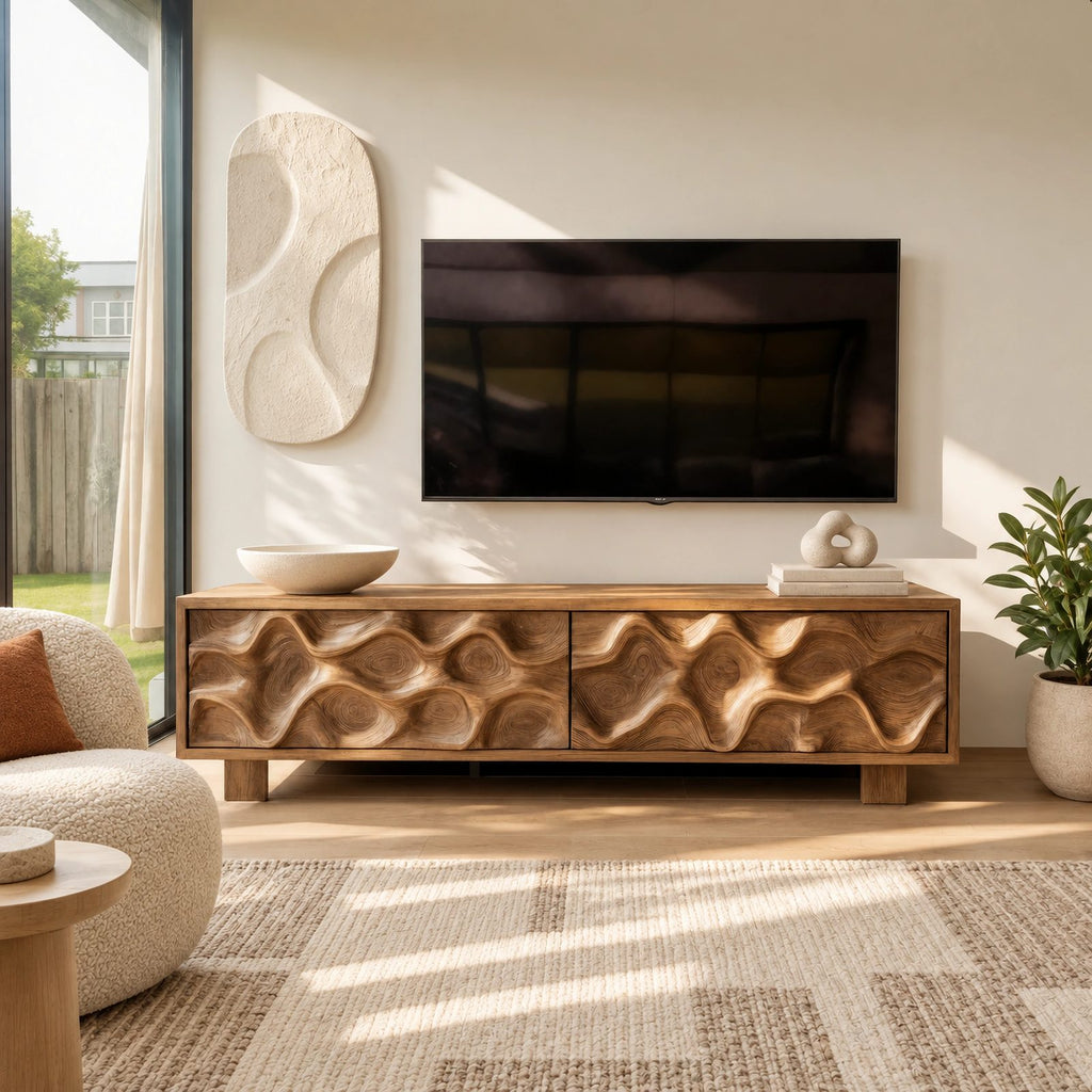Handcrafted Wood TV Stand With Organic Wave Texture For Living Room