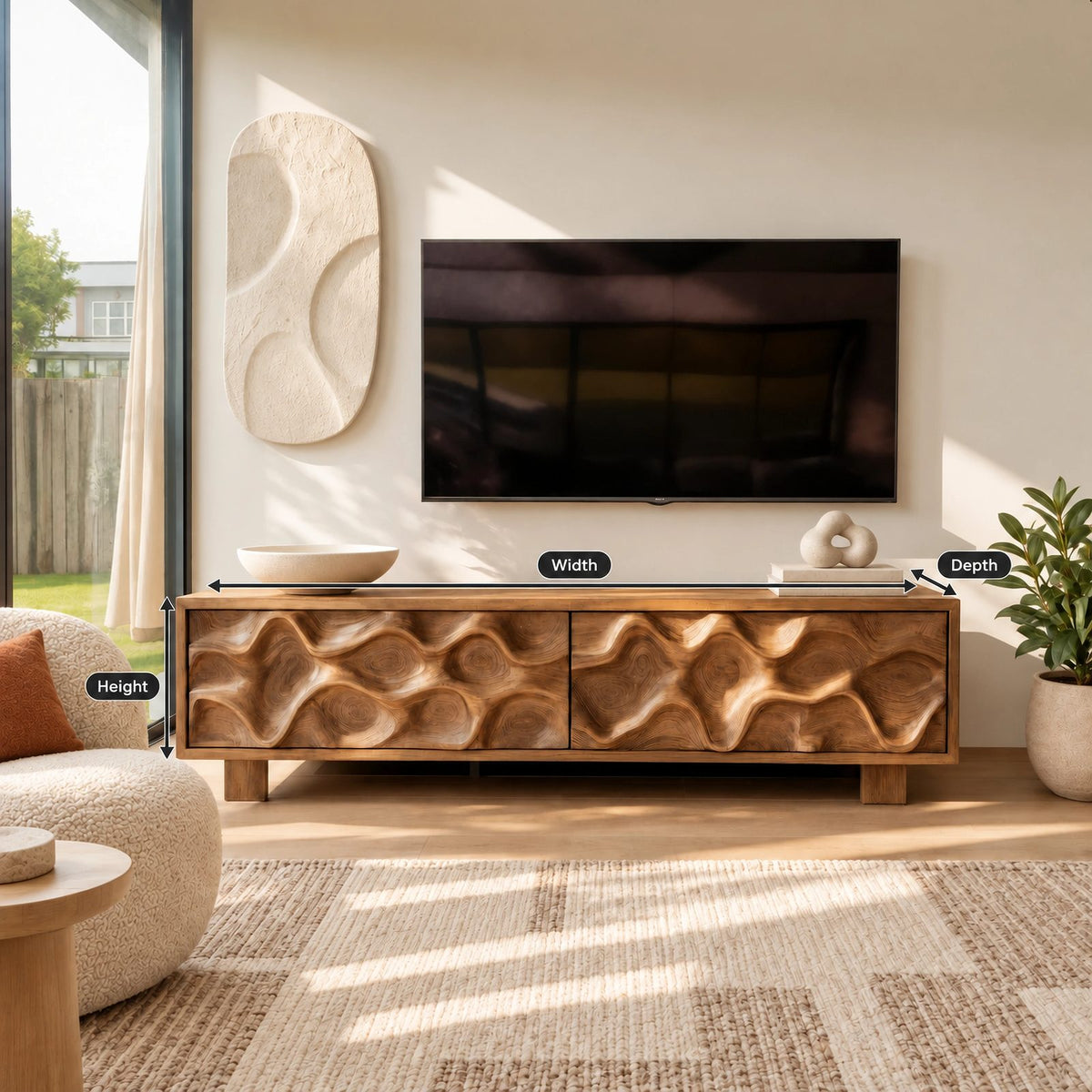 Handcrafted Wood TV Stand With Organic Wave Texture For Living Room