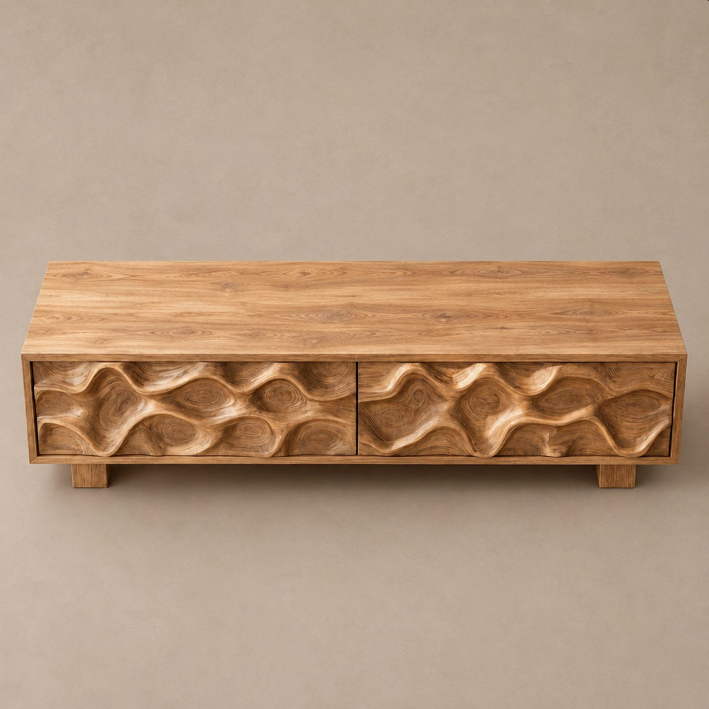 Handcrafted Wood TV Stand With Organic Wave Texture For Living Room