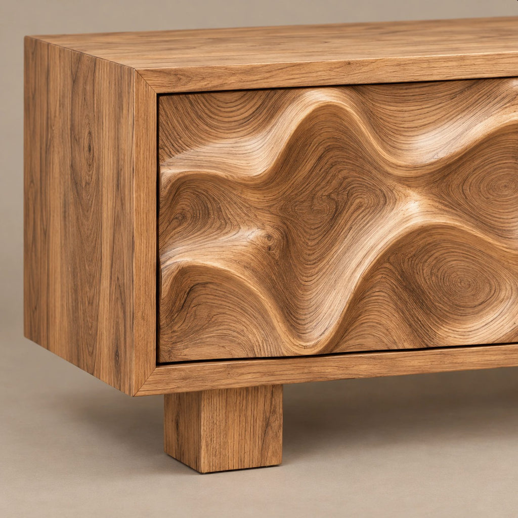 Handcrafted Wood TV Stand With Organic Wave Texture For Living Room