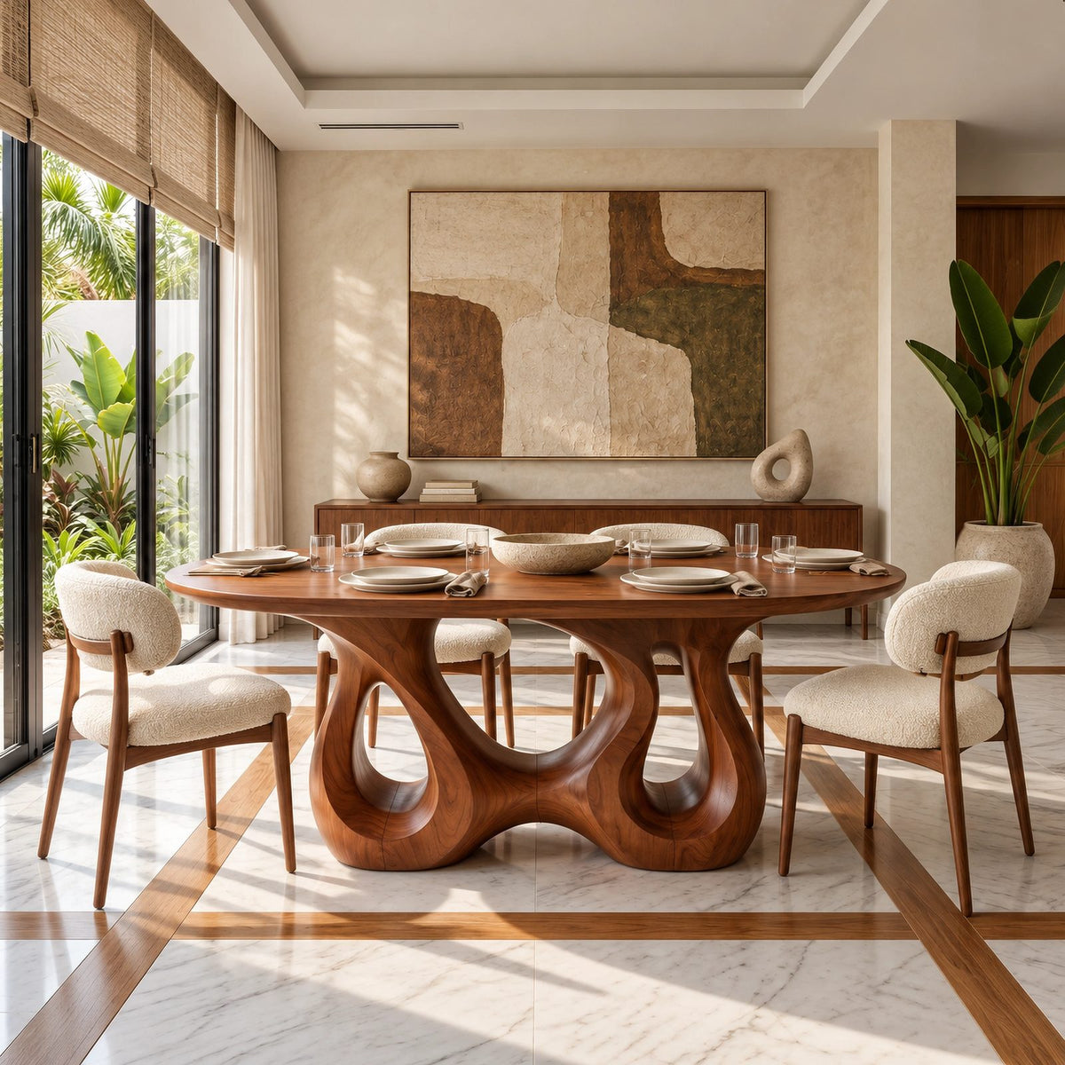 Organic Oval Dining Table With Flowing Sculptural Base For Dining Room