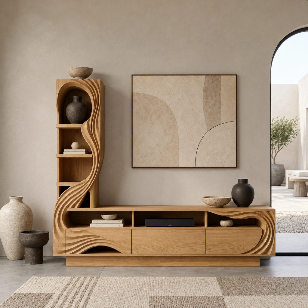 Sculptural Wood TV Console With Carved Shelf Tower For Living Room