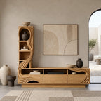 Sculptural Wood TV Console With Carved Shelf Tower For Living Room