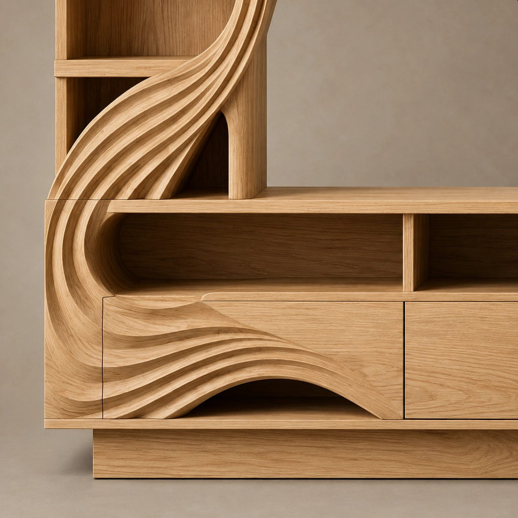 Sculptural Wood TV Console With Carved Shelf Tower For Living Room
