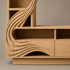 Sculptural Wood TV Console With Carved Shelf Tower For Living Room