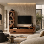 Sculptural Wood TV Console With Carved Shelf Tower For Living Room