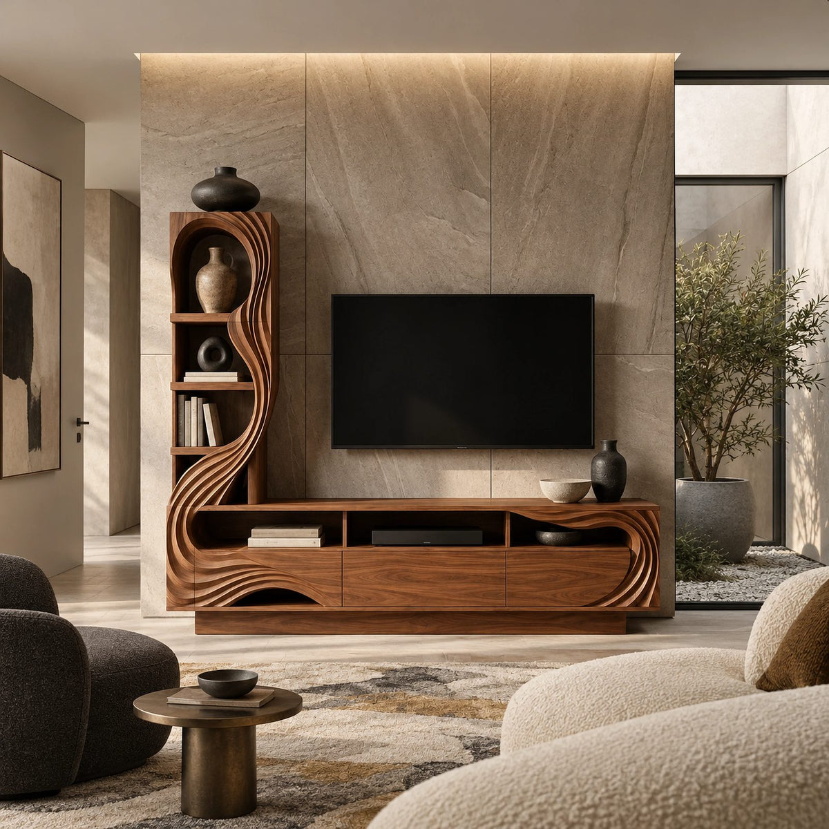 Sculptural Wood TV Console With Carved Shelf Tower For Living Room